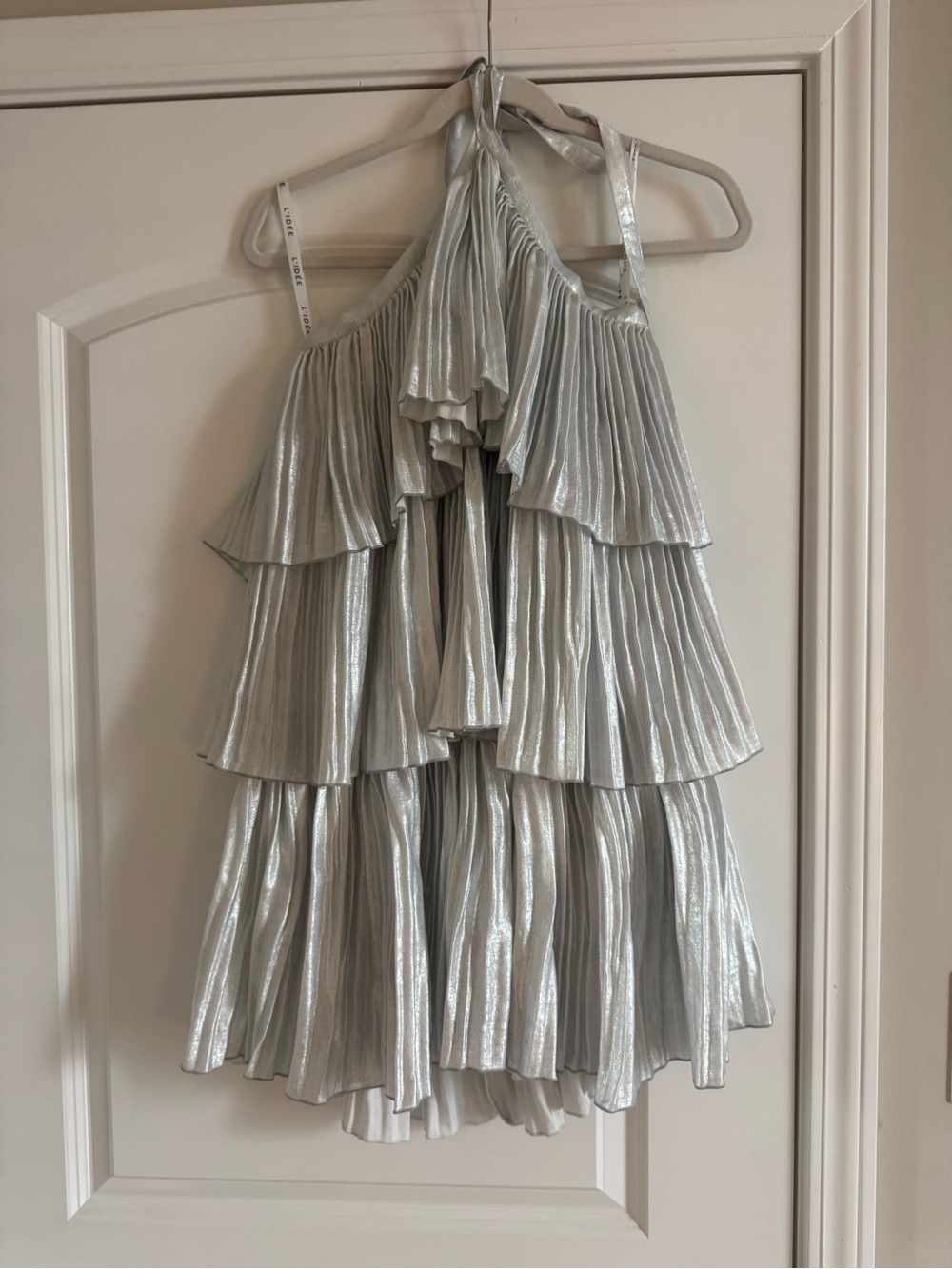L’ldée silver metallic pleated tiered mini dress size 2 new with tags